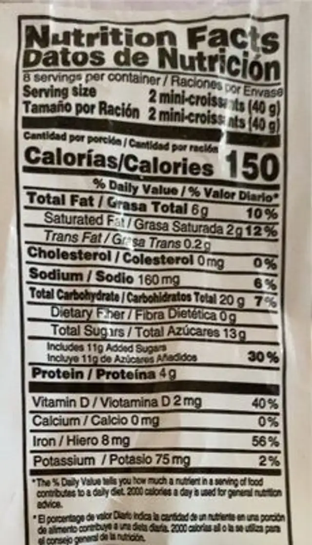 Mini Croissants nutrition facts table