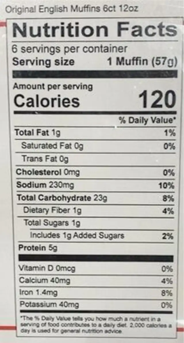 Original English Muffins nutrition facts table