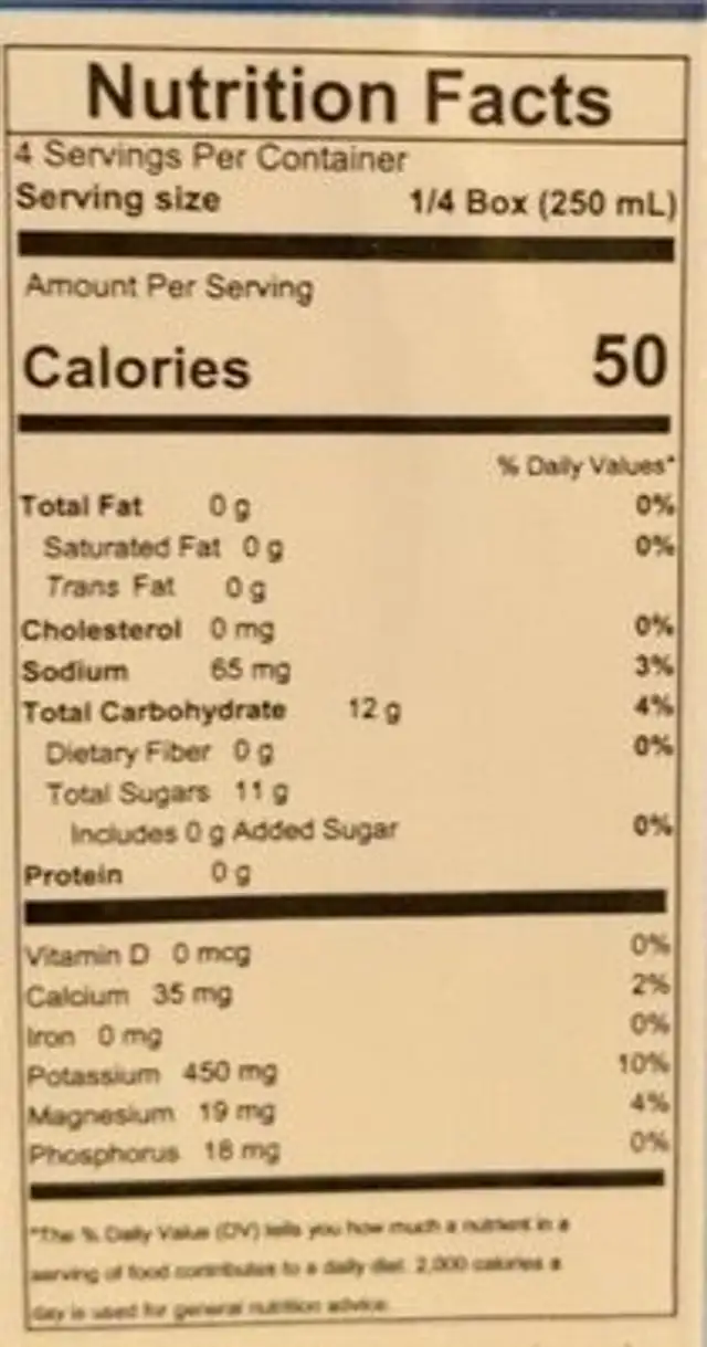 Pure Coconut Water nutrition facts table