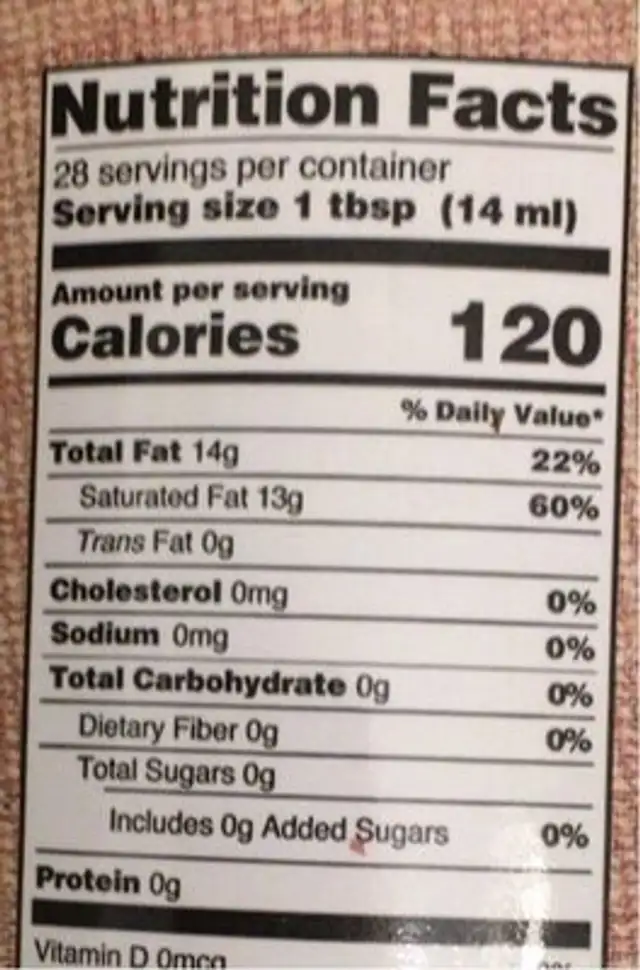 Organic Coconut Oil nutrition facts table