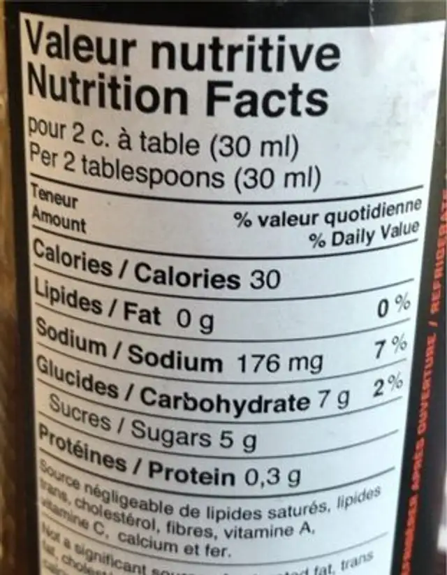 Sauce bbq quebec expresso nutrition facts table