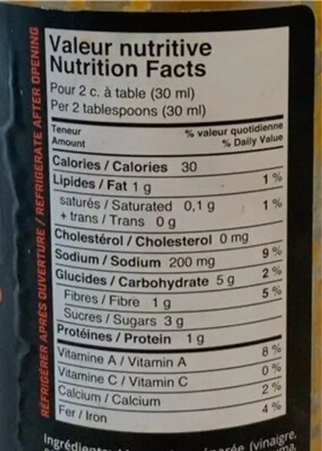 Colonel Moutarde nutrition facts table