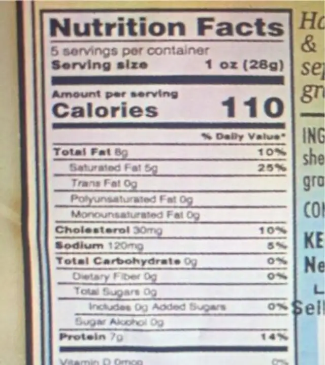 Mobay Cheese nutrition facts table