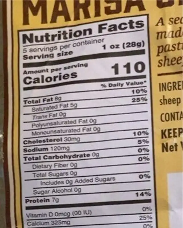 Marisa Cheese nutrition facts table