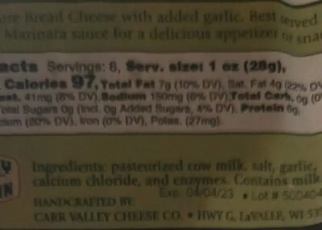 Garlic Bread Cheese nutrition facts table