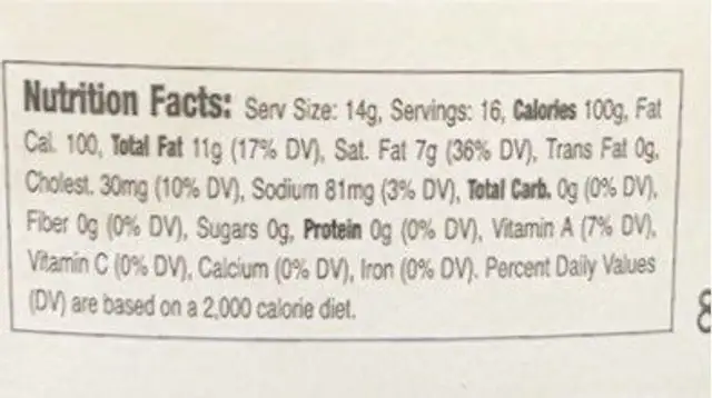 Menage butter nutrition facts table