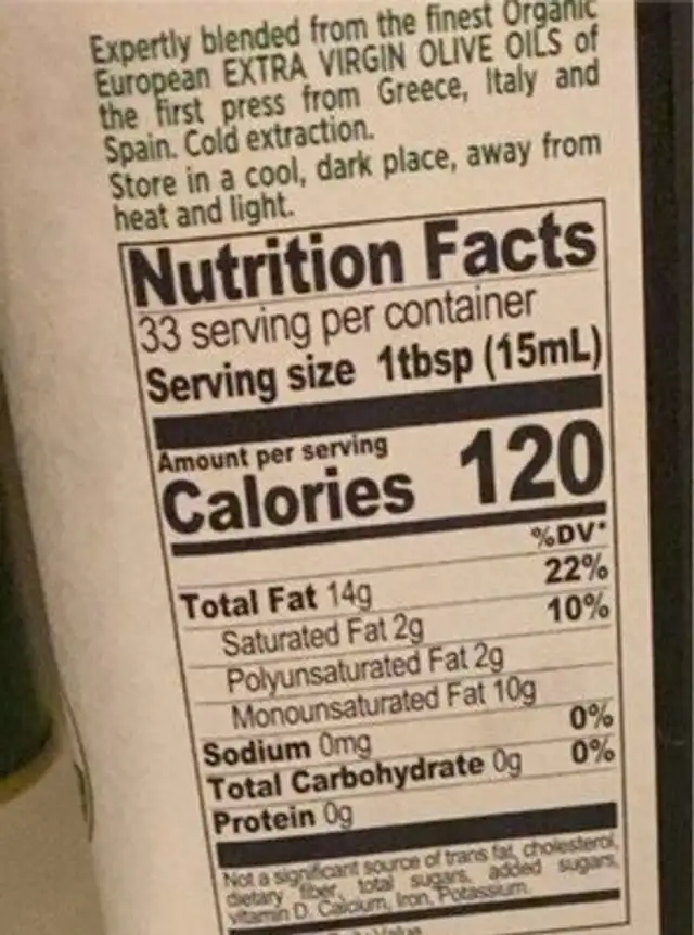 Organic extra virgin oil nutrition facts table