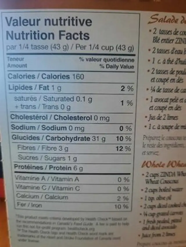 Couscous nutrition facts table