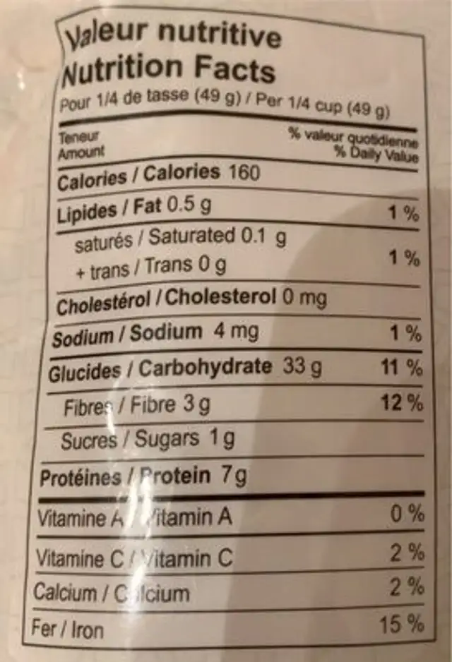 Couscous perlé tricolore nutrition facts table