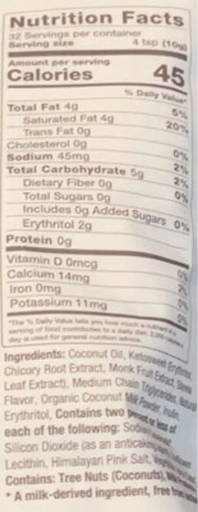 Coffee creamer nutrition facts table