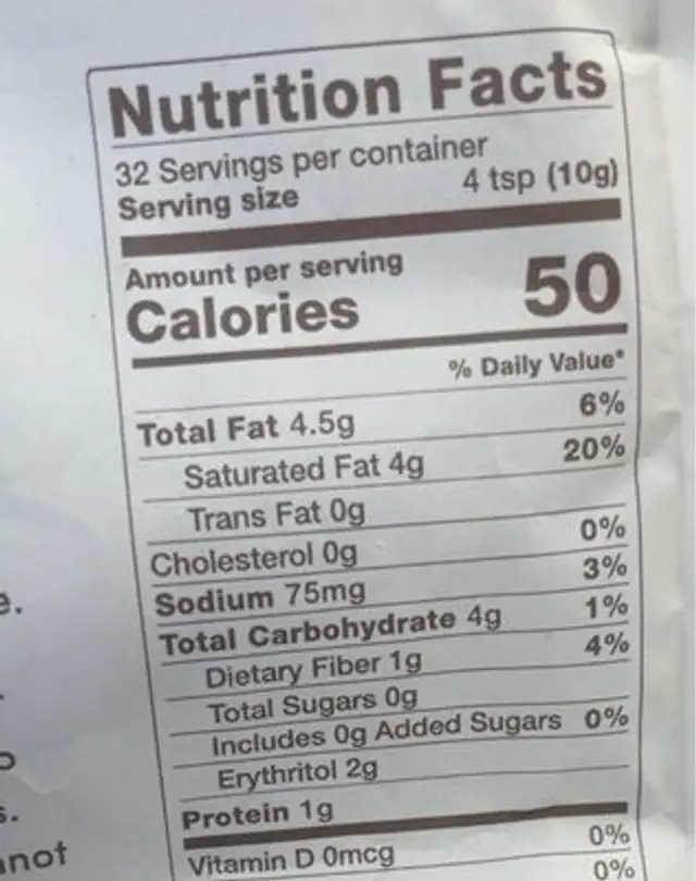 Coffee Creamer nutrition facts table