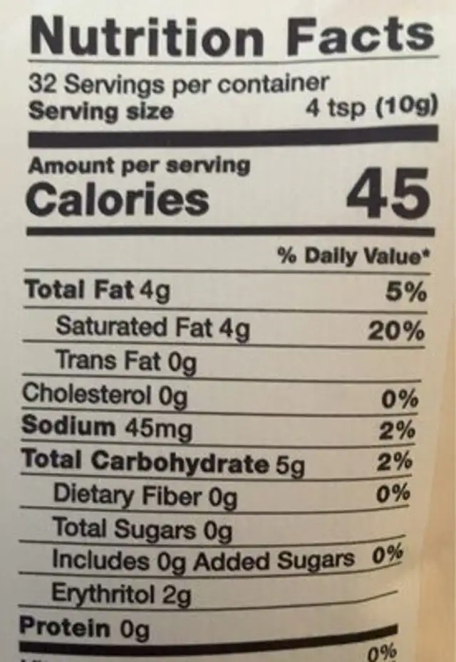 Prymal creamer nutrition facts table