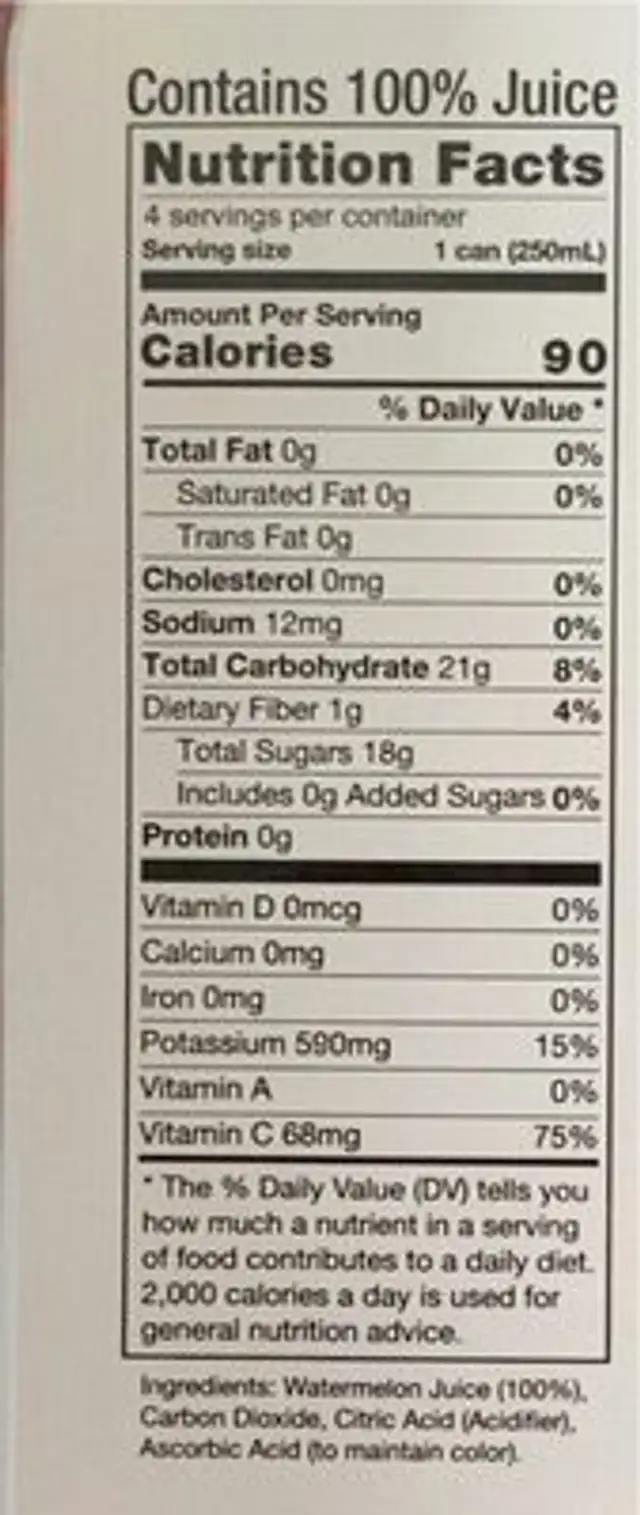 Sparkling Watermelon Juice nutrition facts table