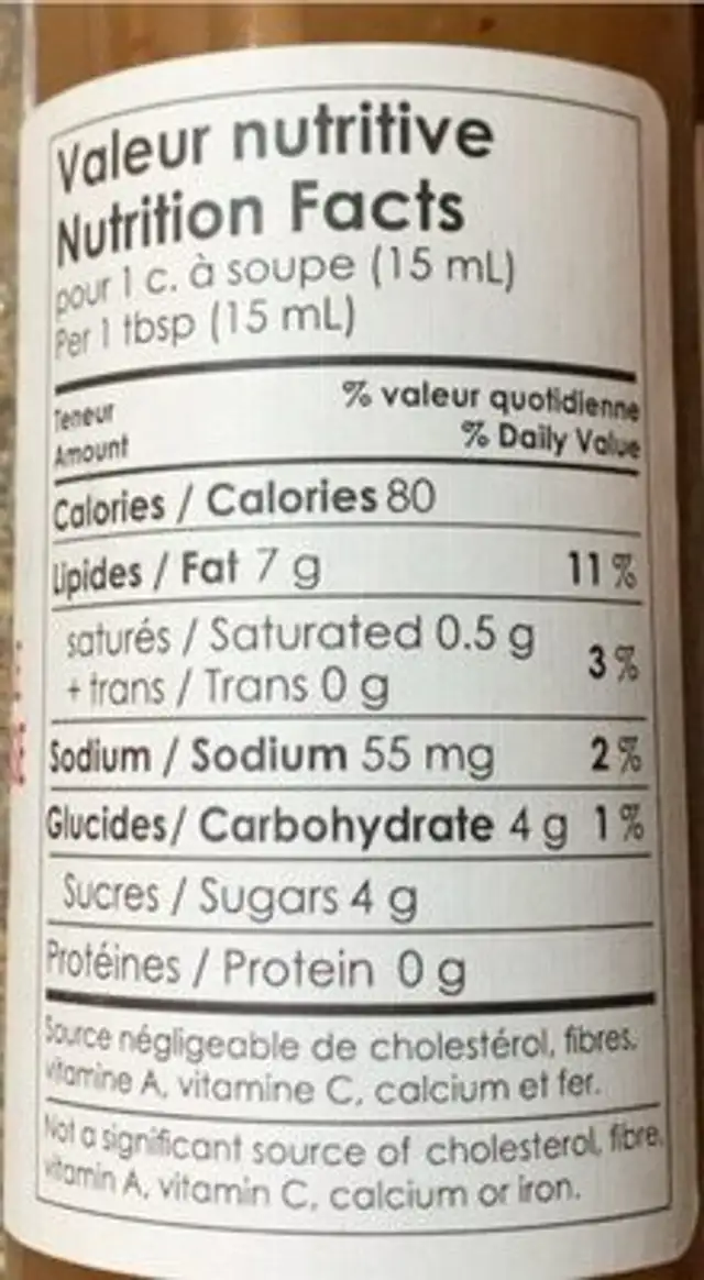 Vinaigrette à l’érable et saveur de framboise nutrition facts table