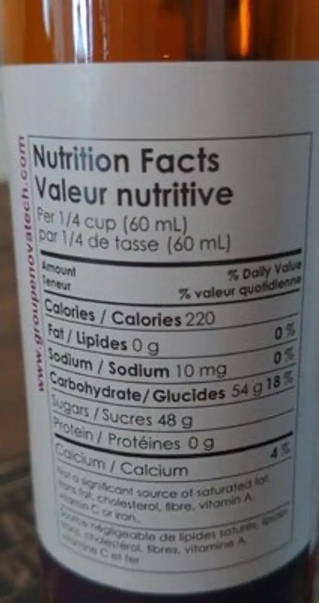 Sirop d'érable biologique Novatech nutrition facts table