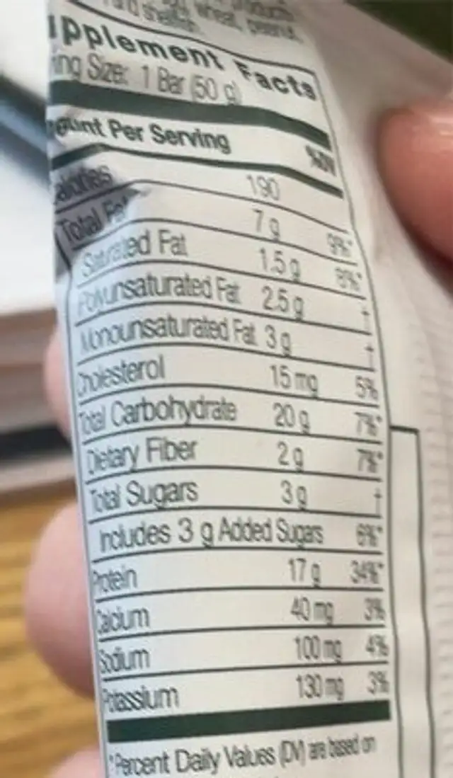 StandardBar nutrition facts table