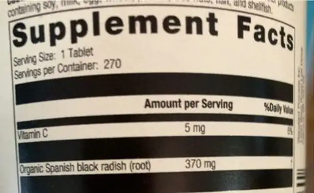 Spanish Black Radish nutrition facts table