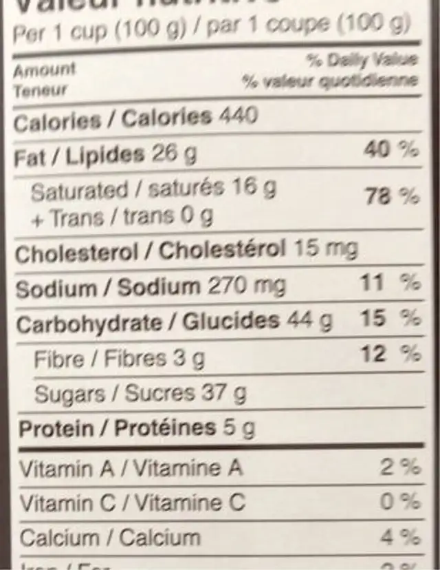 Chocolat belge soufflé nutrition facts table