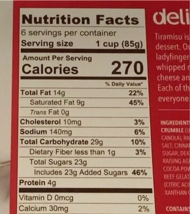 Delici tiramasu cake nutrition facts table