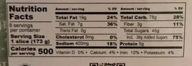 Apple Crisp Pie 9” nutrition facts table