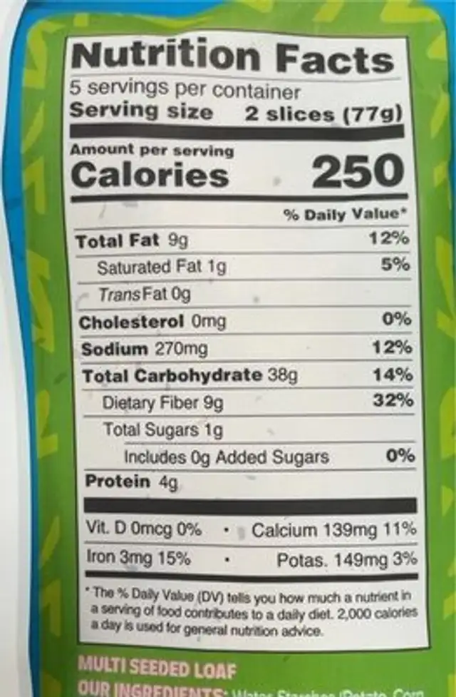 Joy full artisan loaf nutrition facts table