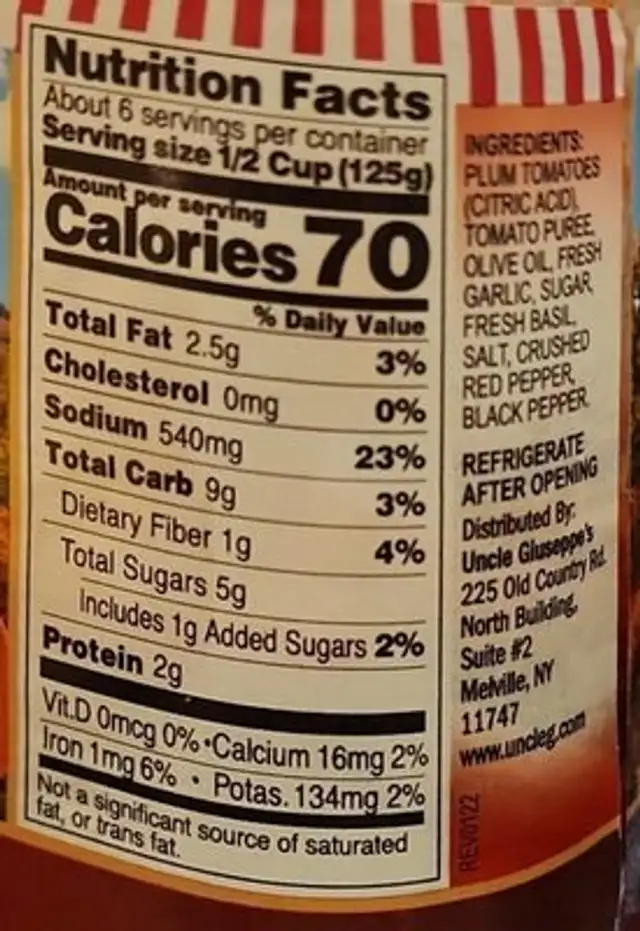 Uncle Giuseppe's Fra Diavolo nutrition facts table