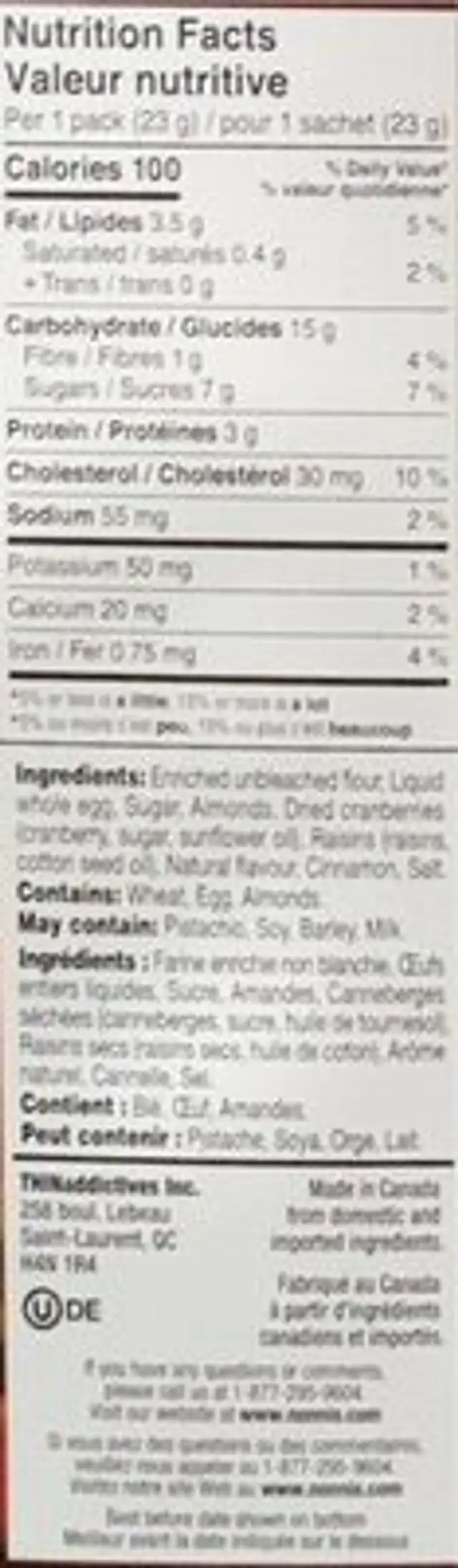 Cranberry Almond thin cookies nutrition facts table