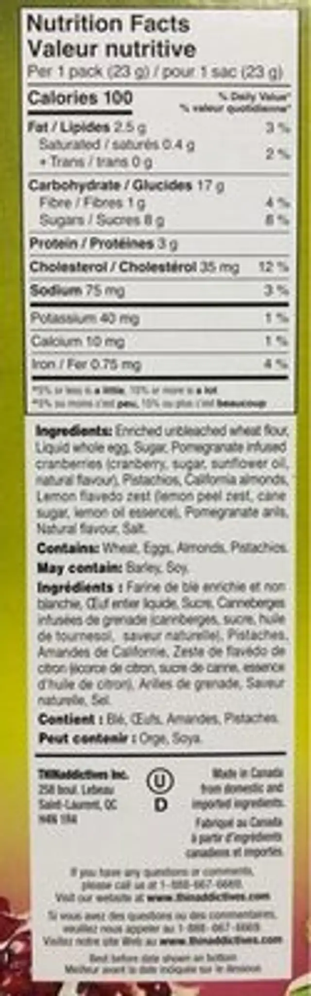 Thin Addictives Pistacio Pomegranate Flavored Almond Biscuits nutrition facts table