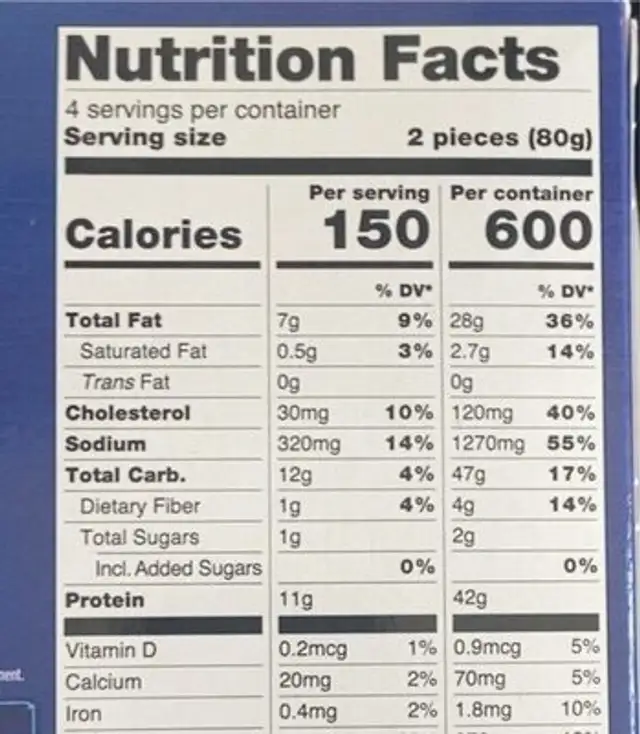 Cod Filet nutrition facts table