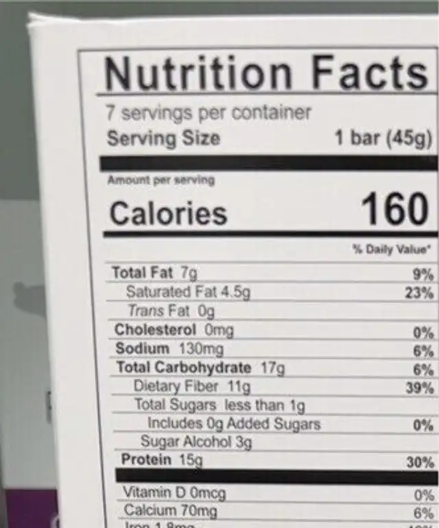 Protein Bar nutrition facts table