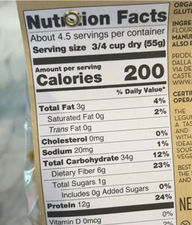 Chickpea pasta nutrition facts table