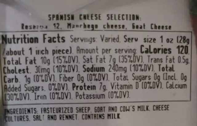 Spanish Cheese Selection nutrition facts table