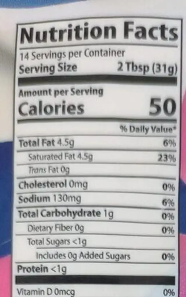 Crema salvadoreña nutrition facts table