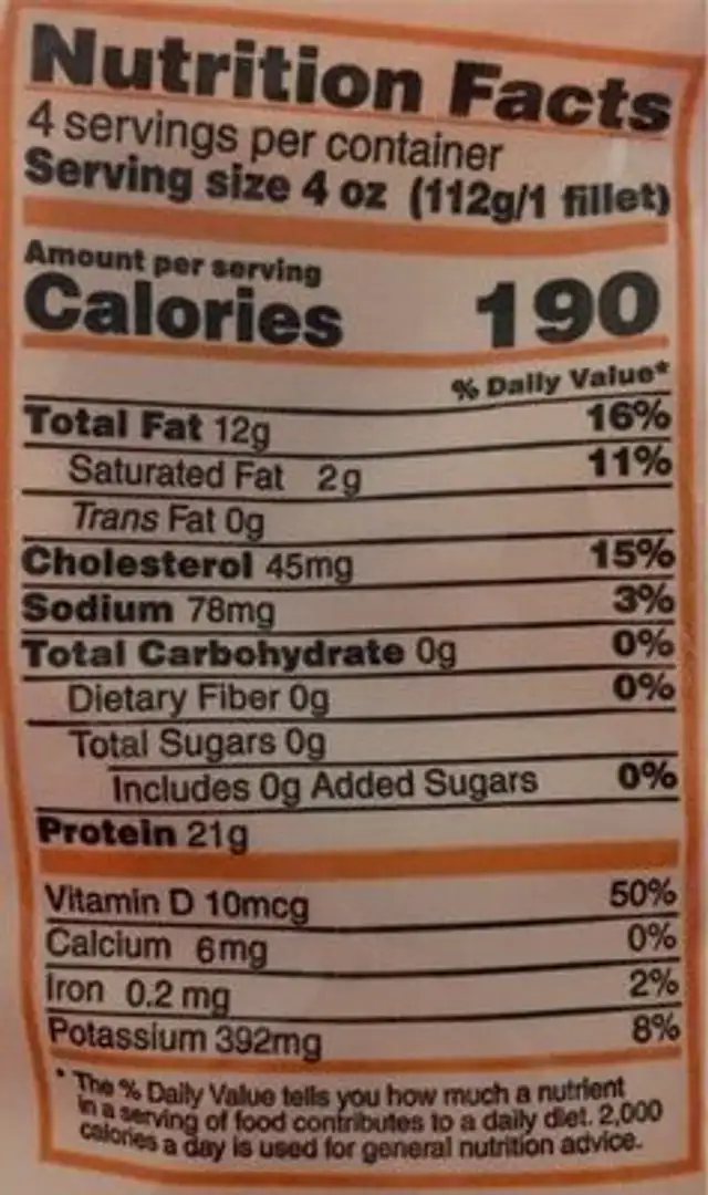 Atlantic Salmon Premium Fillets nutrition facts table
