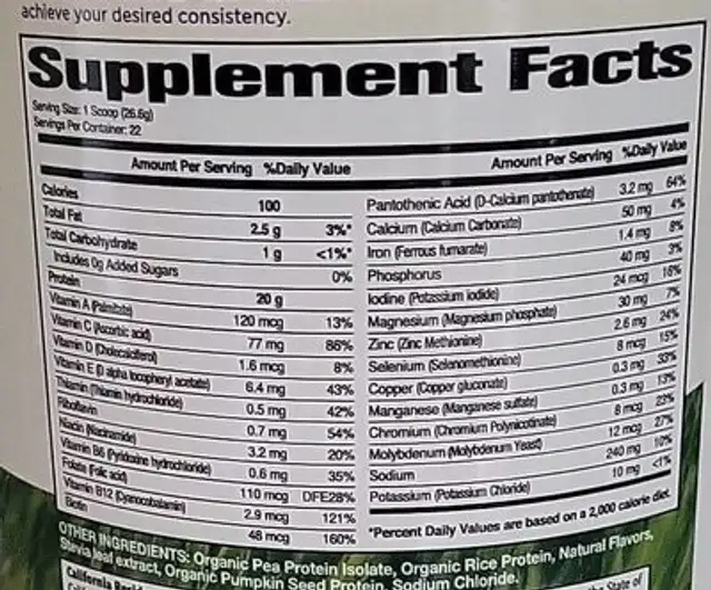 Vanilla protein powder nutrition facts table