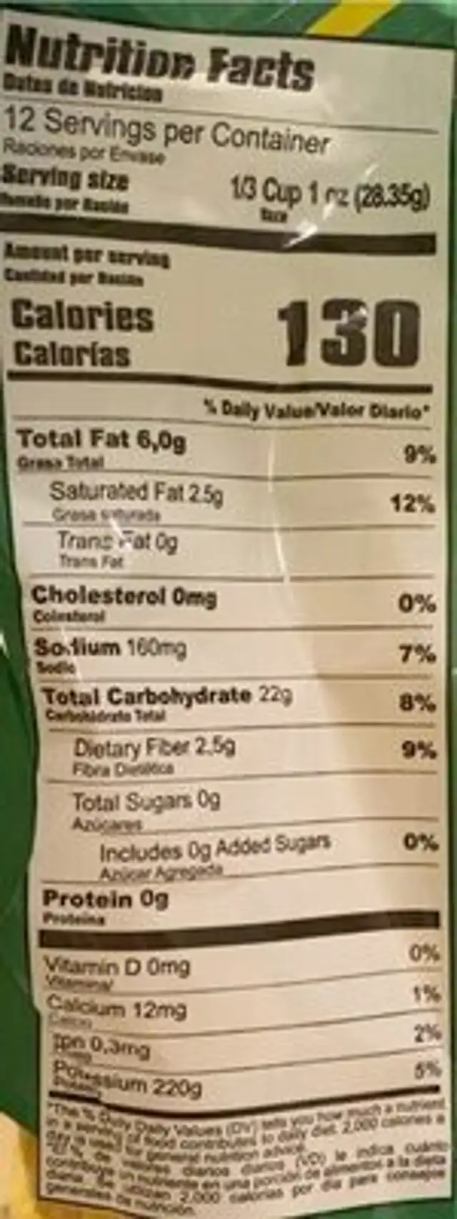 Plantain Strips nutrition facts table