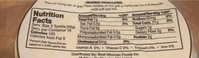 Señor Luis Authenic Corn Tortillas nutrition facts table
