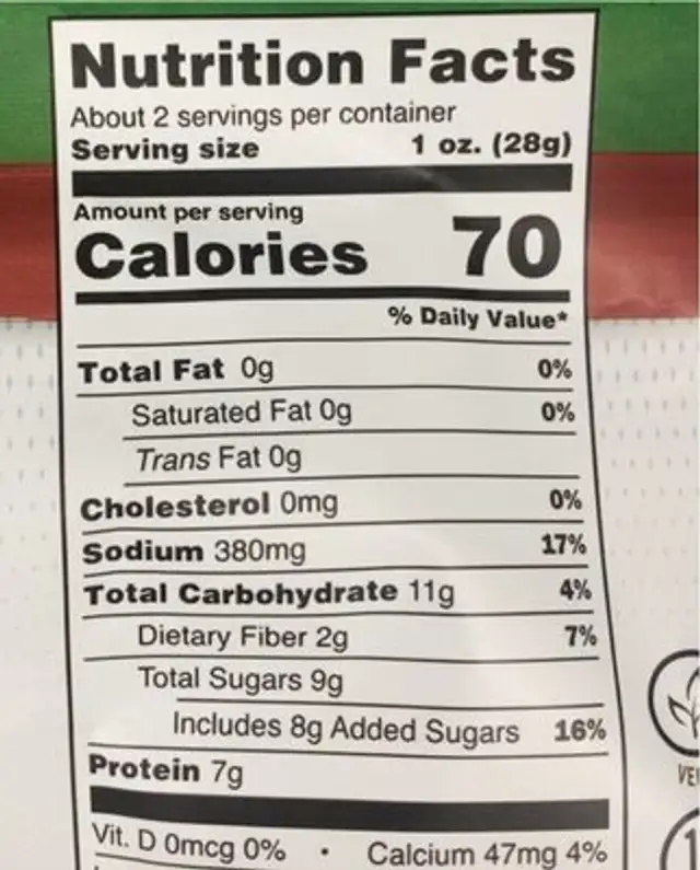Perky jerky tasty teriyaki plant based jerky nutrition facts table