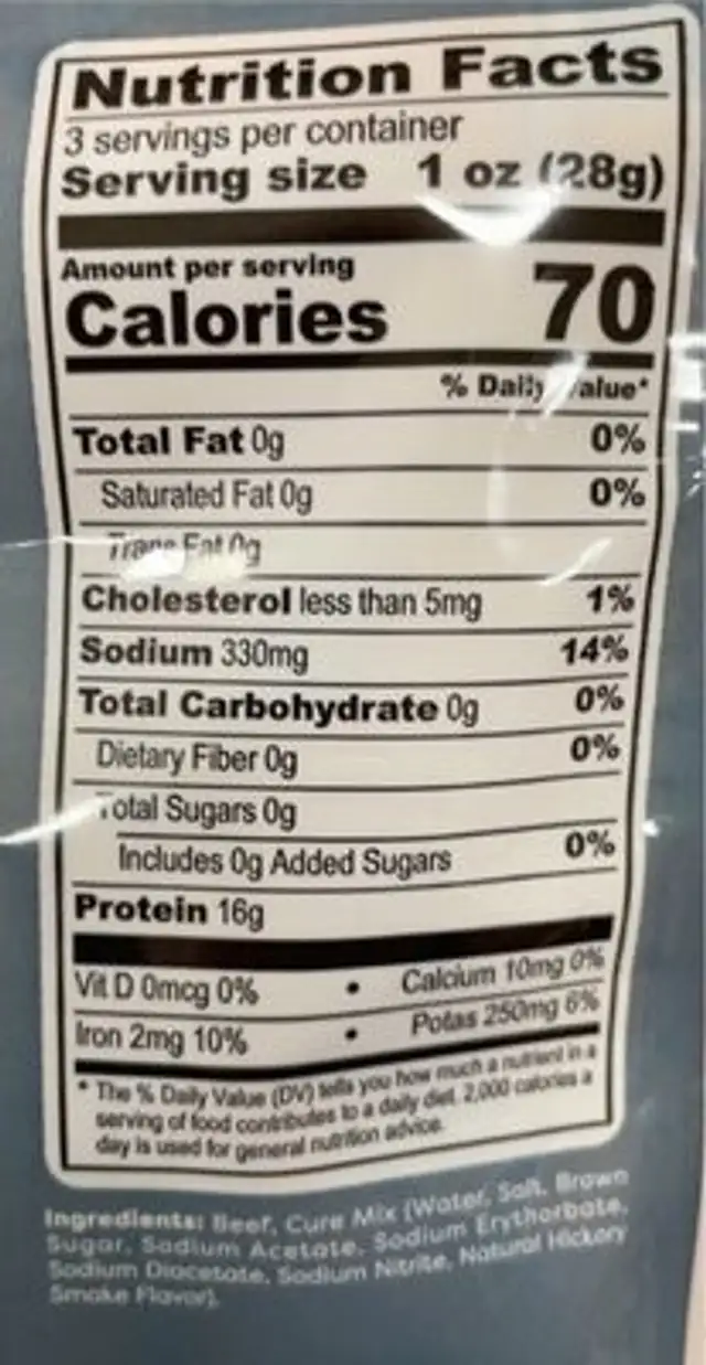 Smoked Dried Beef nutrition facts table