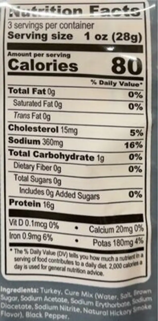 Turkey strips nutrition facts table