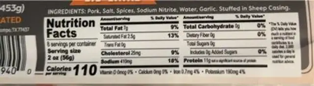 Pork sausage lil links nutrition facts table