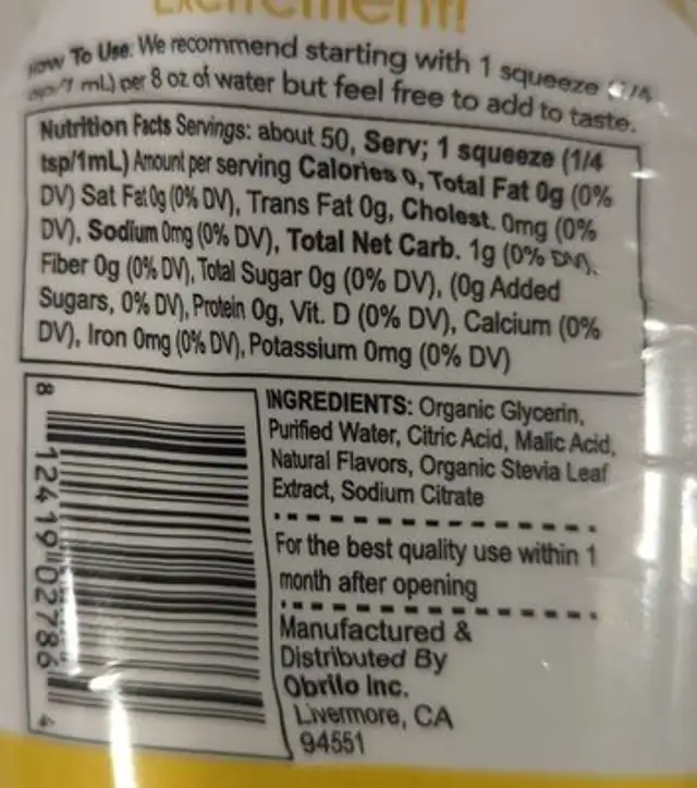 Water enhancer nutrition facts table