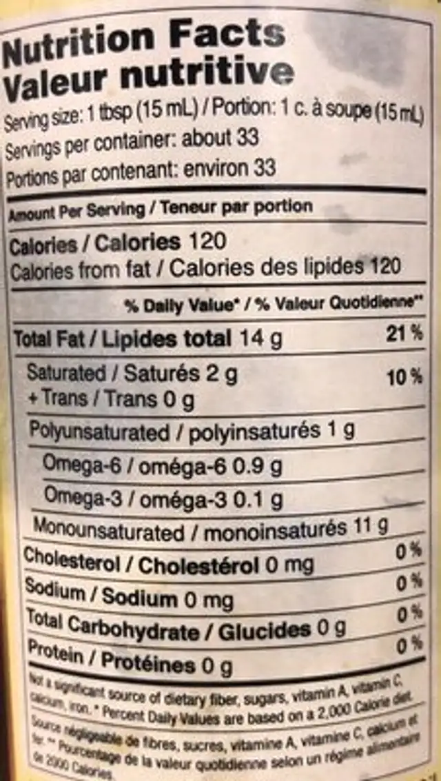 Decarlo, extra virgin olive oil nutrition facts table