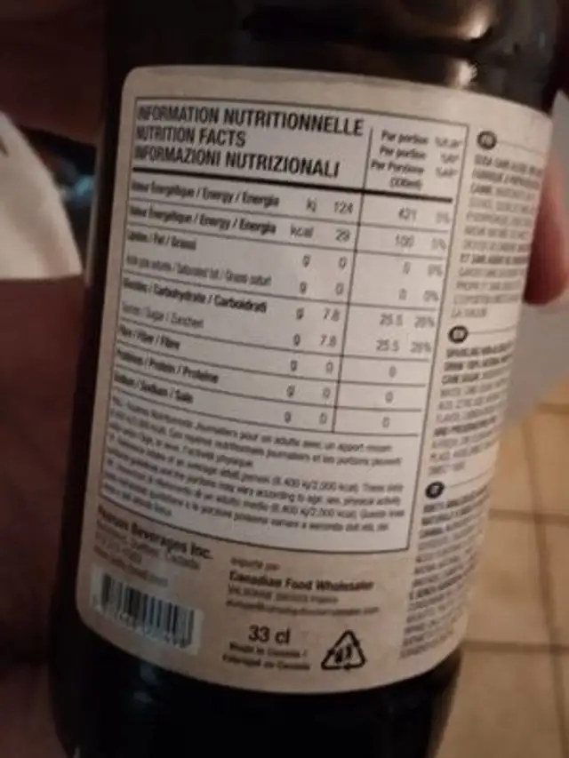 Tonic nutrition facts table