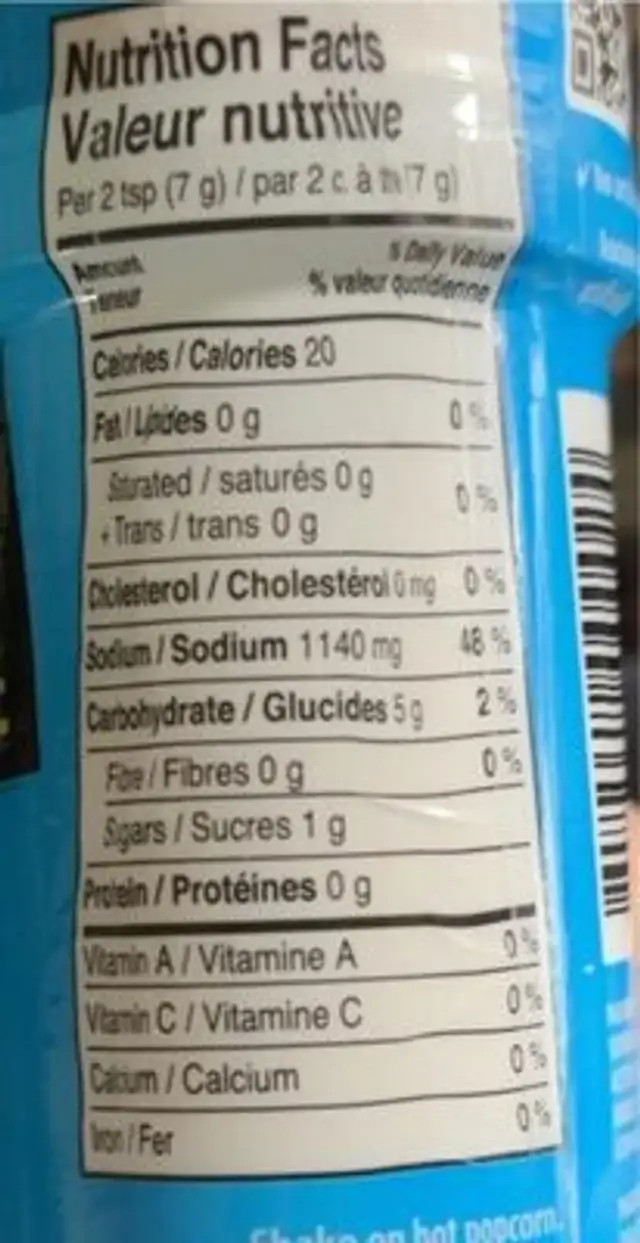 Assaisonnement sel et vinaigre à popcorn nutrition facts table