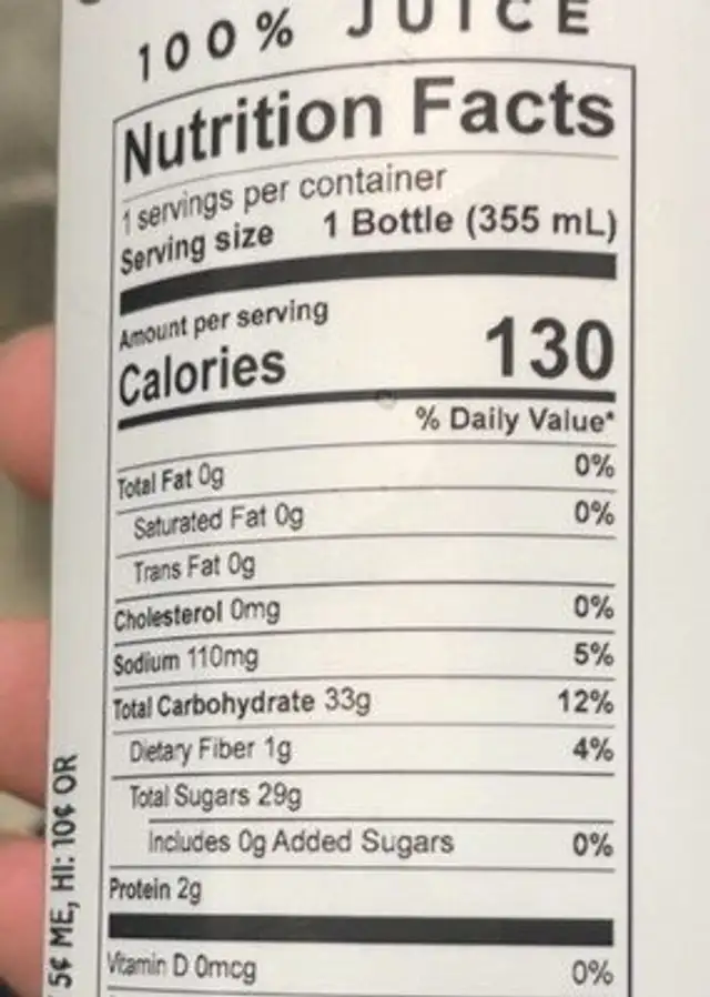 clean juice(red) nutrition facts table