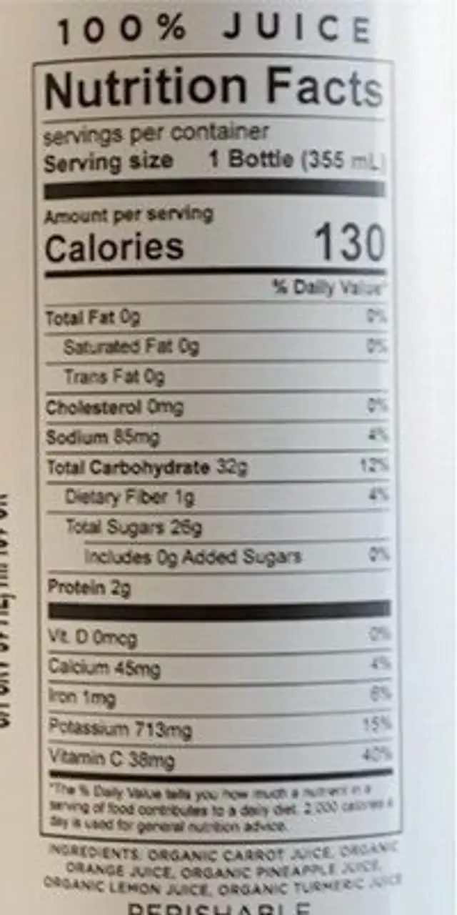 Orange Cold Pressed Juice nutrition facts table