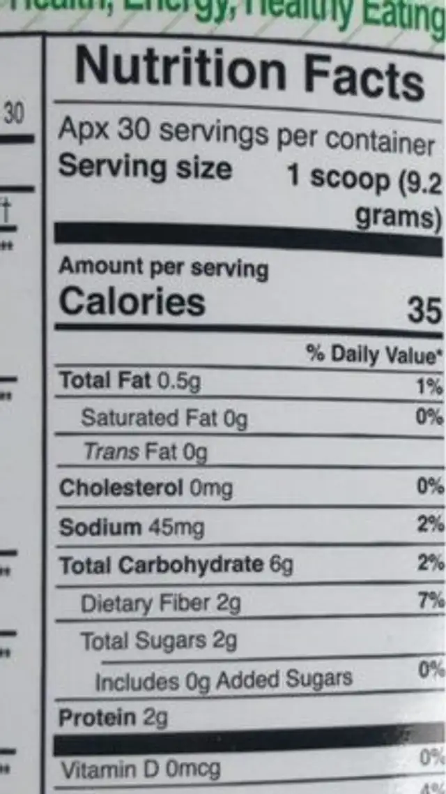 Ideal Greens nutrition facts table