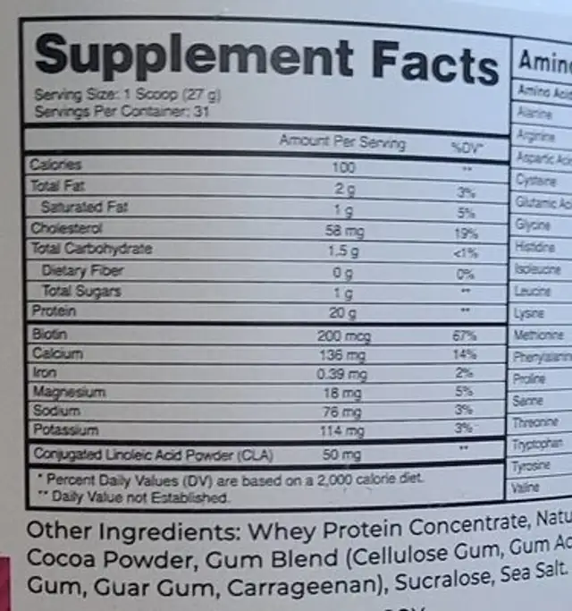 Protein For Her nutrition facts table