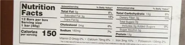 DotBar nutrition facts table